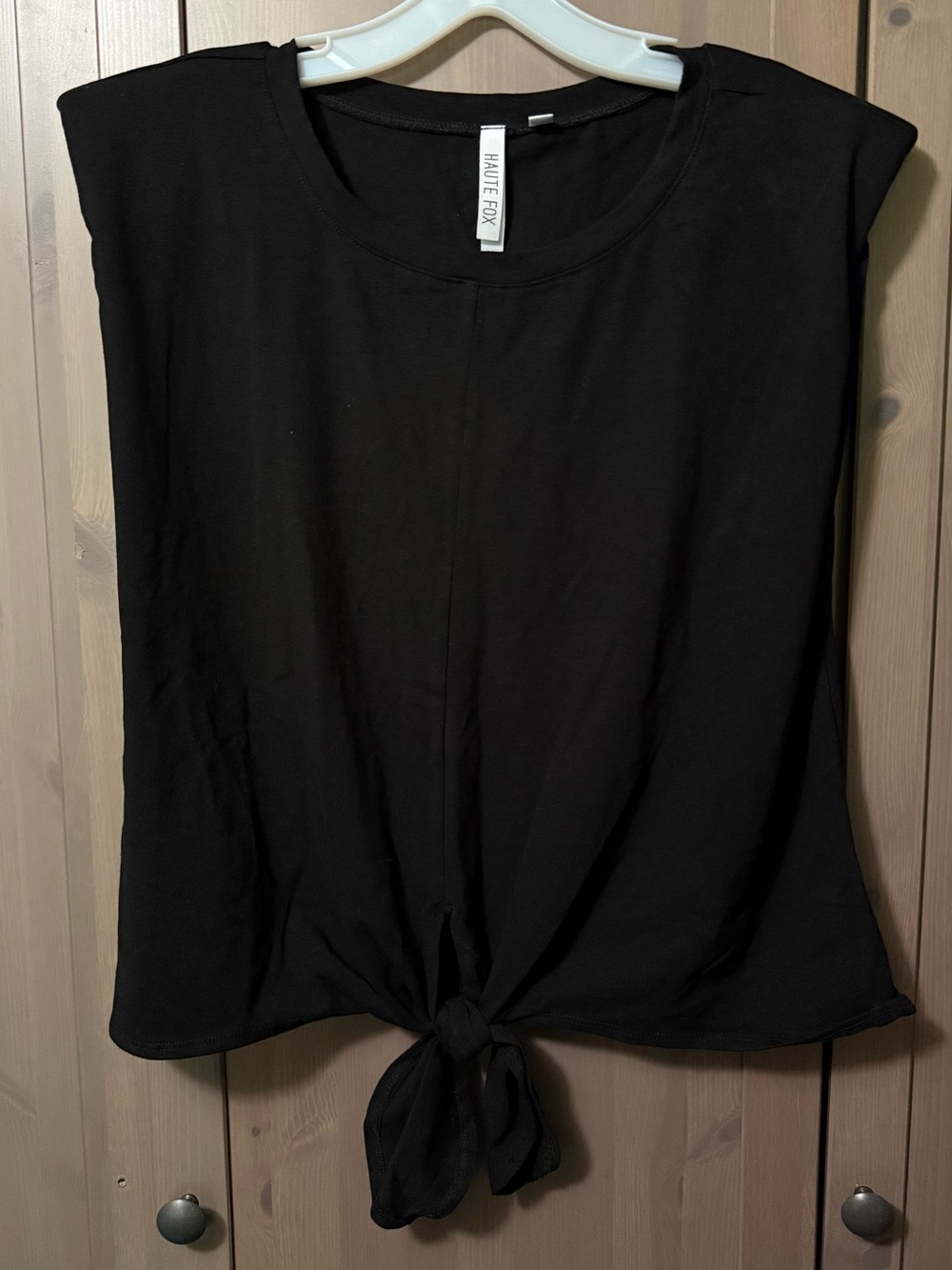 Haute Fox Black Knot-Front Top with Shoulder Pads